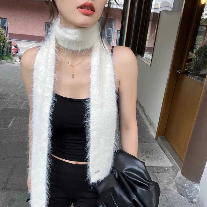 Korean Y2K Long Warm Mink Fur Scarf Plush Warm Knitted Shawl Fashion Skinny Scarves 250811