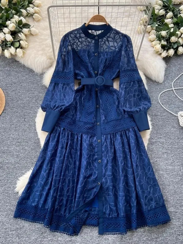 Spring Autumn French Flower Embroidery Dresses Womens Long Lantern Sleeve Single Breasted Belt Evening Party Vestidos 250808