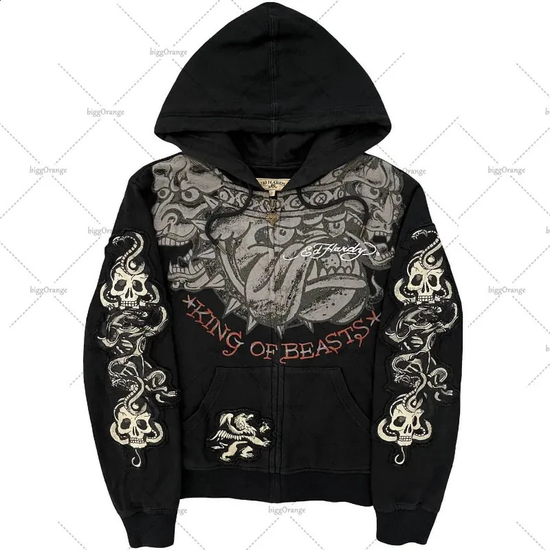 Y2K American Retro Gothic Printed Zipper Hoodie Male Street Pop Hip Hop Sweatshirt Harajuku Loose Punk Hoodie Top. 250815