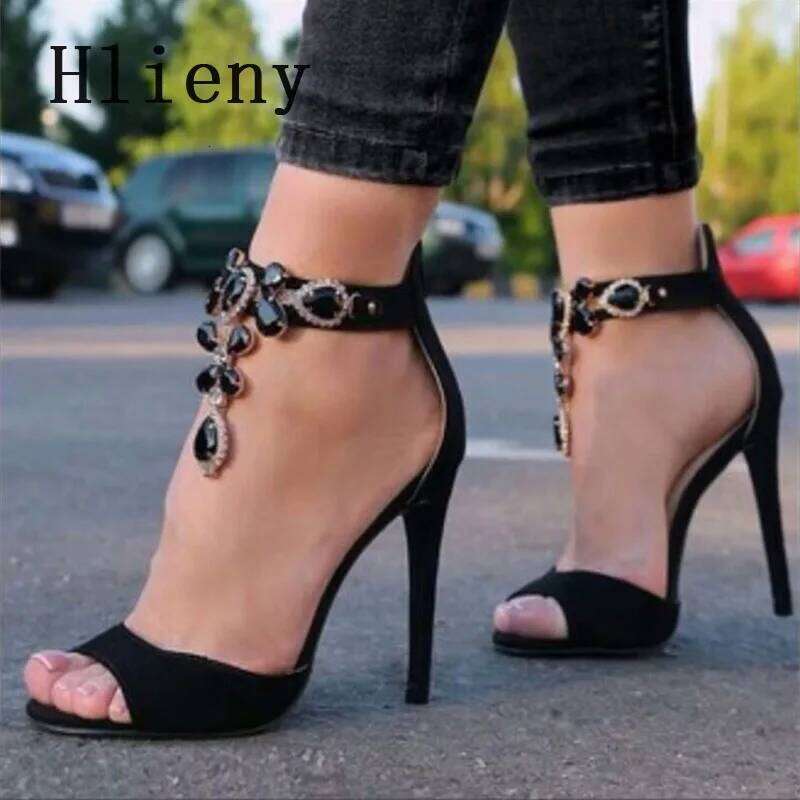 Hlieny 2025 Summer Street Style Sandals Women Sexy Peep Toe Black Gemstone Chain Party Thin High Heels Fashion Dress Shoes