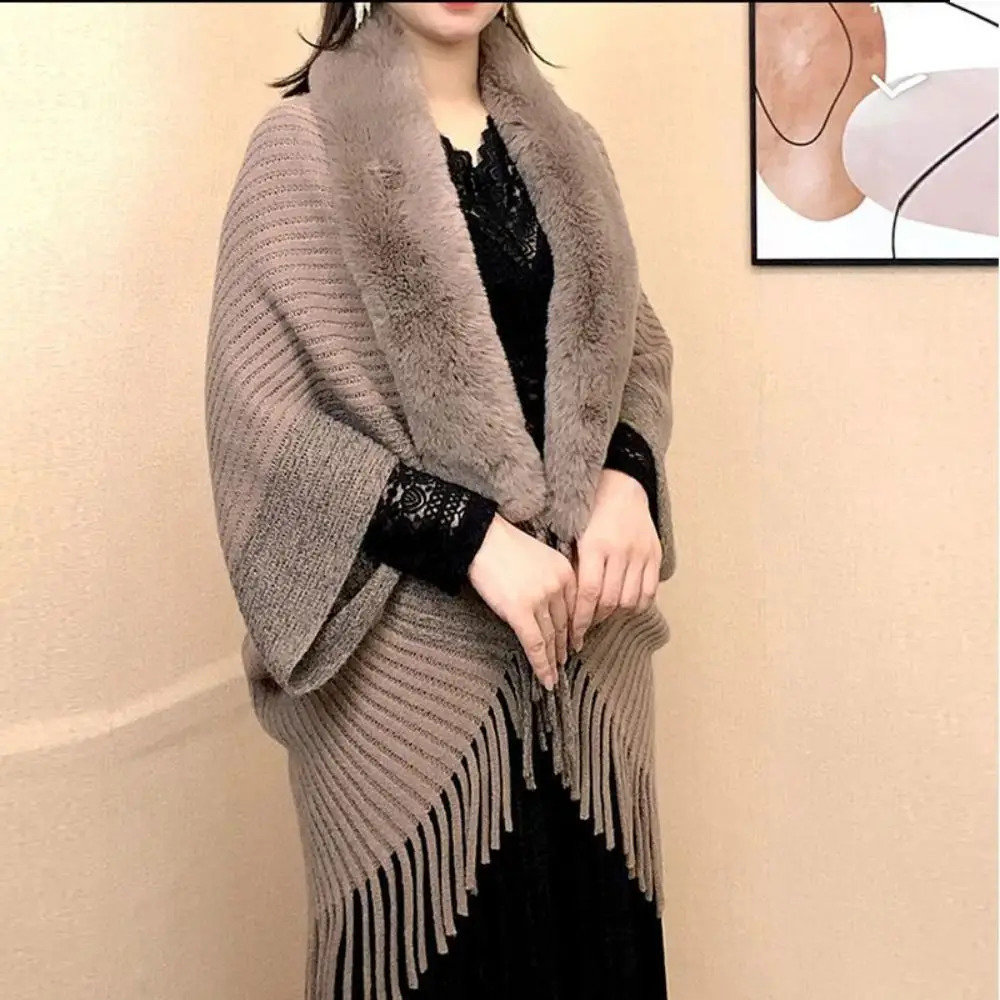 Fashion Cardigan Cape Cloak Faux Fur Collar Plush Wraps Knitting Shawl Winter Warm 250812