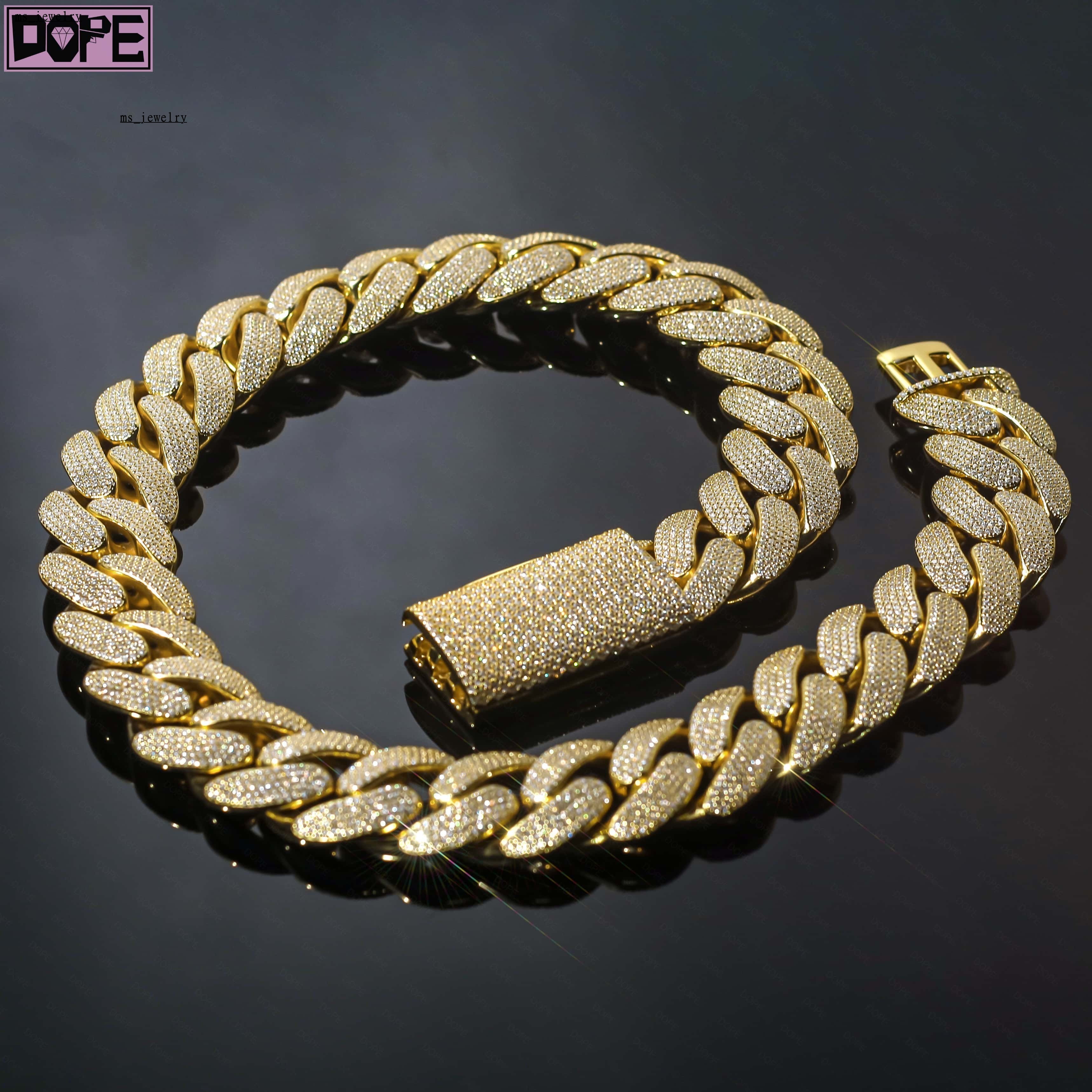 22mm Curb Chain Borderless 925 Silver Gold Plated VVS Iced Out Buss Down Moissanite Cuban Chain