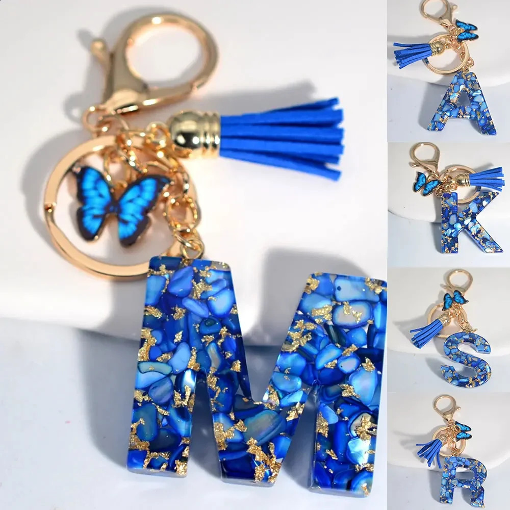 Fashion Blue Glazed Stone A To Z Letter Keychain 26 Initials Alphabet Butterfly Tassel Pendant Car Key Chain Women Jewelry GIfts 250811