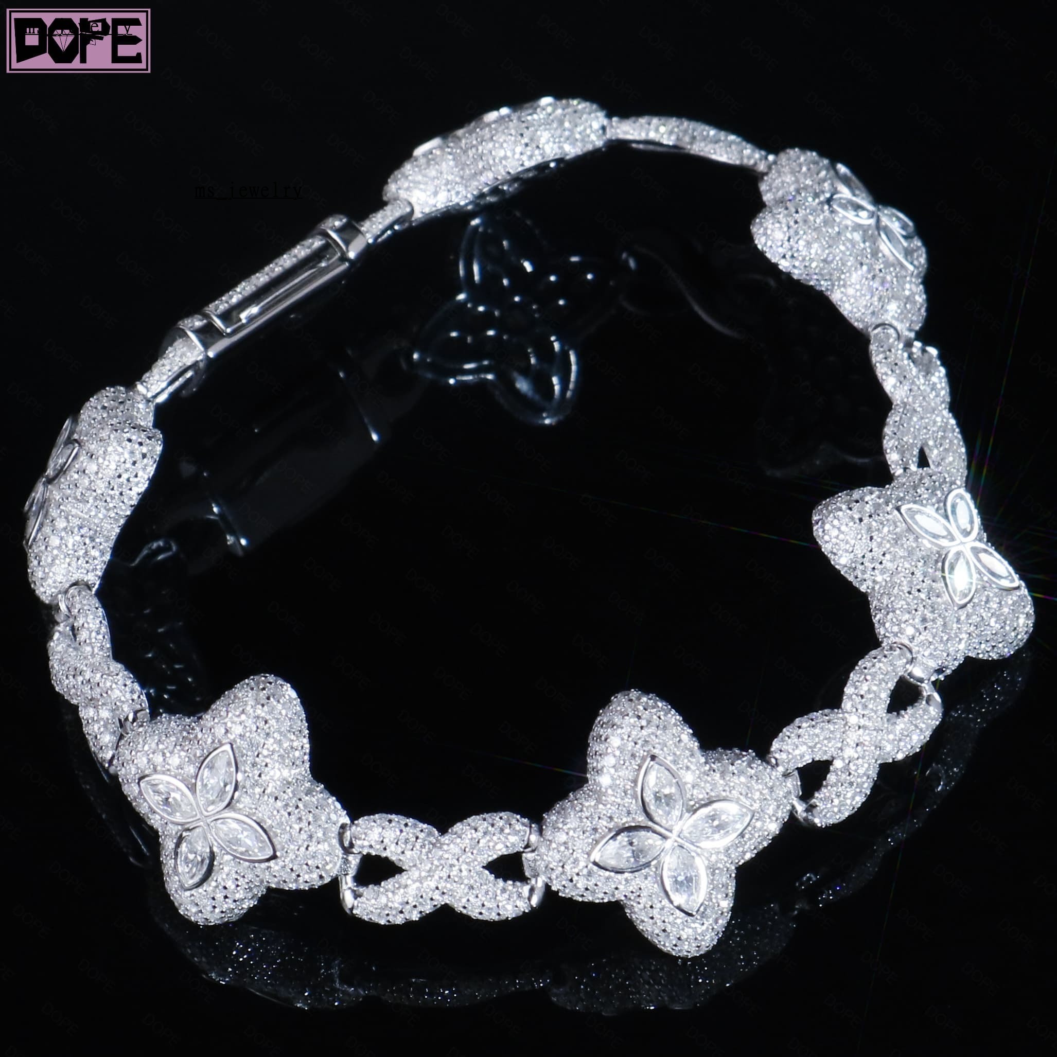 Hiphop Clover Bracelet 925 Silver Infinity Chain Flower Charm VVS Iced Out Men Moissanite Bracelet
