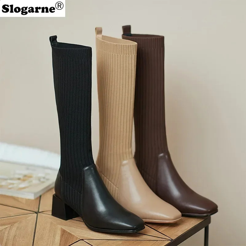 Women Spring Sock Boots Girls Elastic Retro Knitted Long Boots Slim Square High Heels High Quality Leather Tube Shoes Pumps 250815