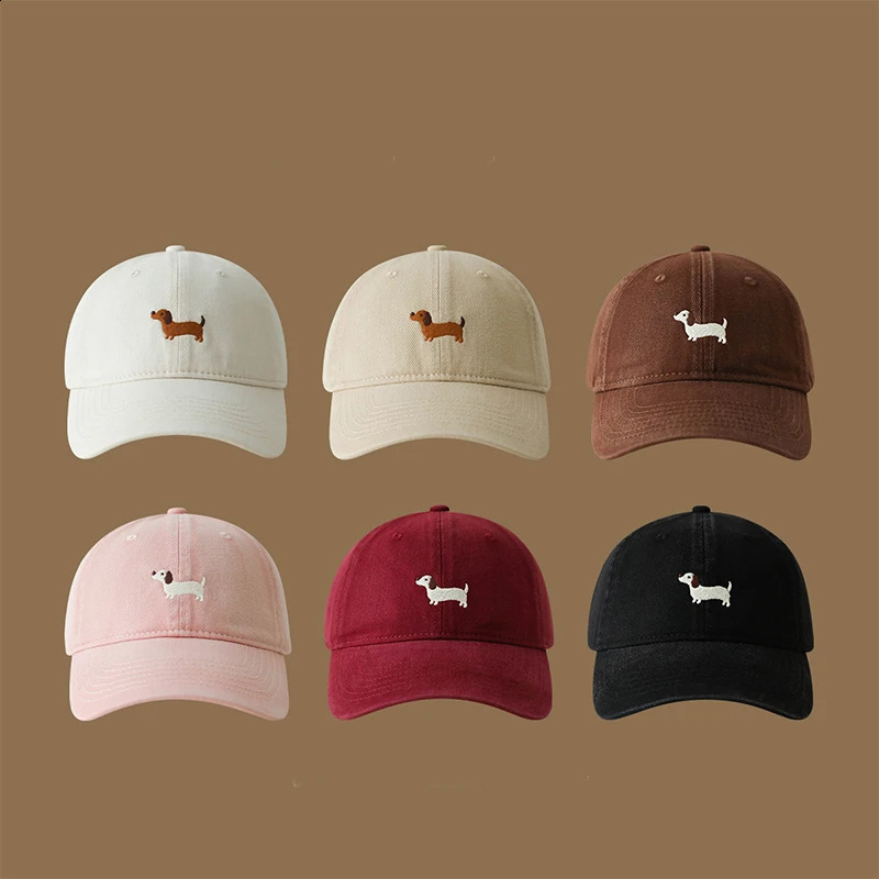 Embroidered Dachshund Washed Cotton Baseball Cap Fashion Women Adjustable Wide Brim Trucker Hat Outdoor Men Caps 250812