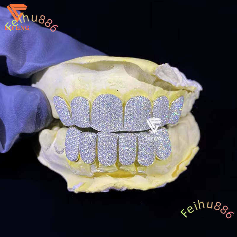 Moissanite Grillz for Teeth Diamond Hip Hop White Gold Plated 925 Sterling Silver Grillz Custom Iced Out Grillz Fashion Jewelry