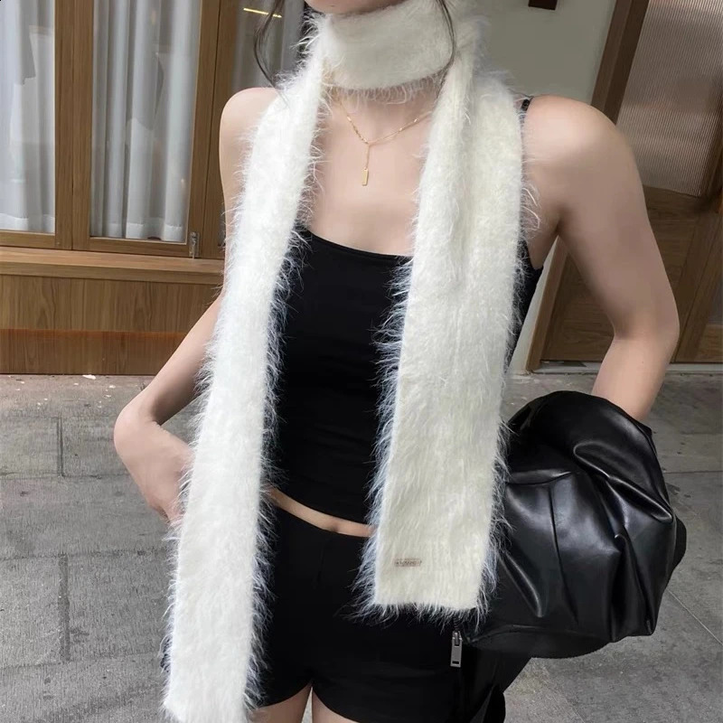 Korean Y2K Long Thin Fluffy Scarf for Womens Plush Warm Knitted Shawl Girl er Fashion Faux Mink Fur Skinny Scarves 250811