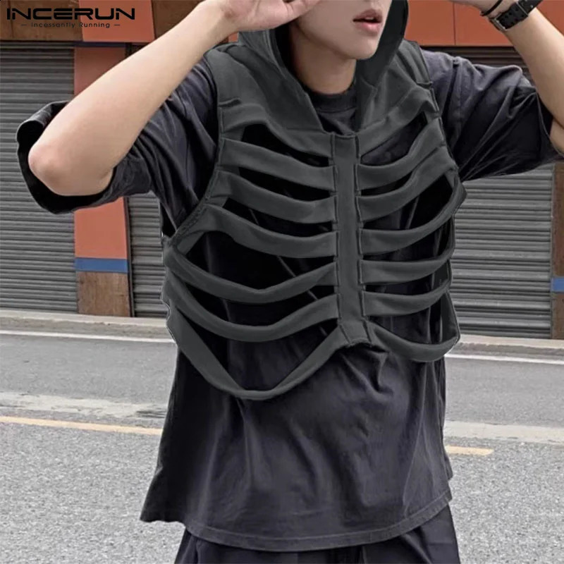 INCERUN Tops Korean Style Mens Funny Bone Deconstruction n Vests Leisure Streetwear Solid Hooded Waistcoat S-5XL 250811