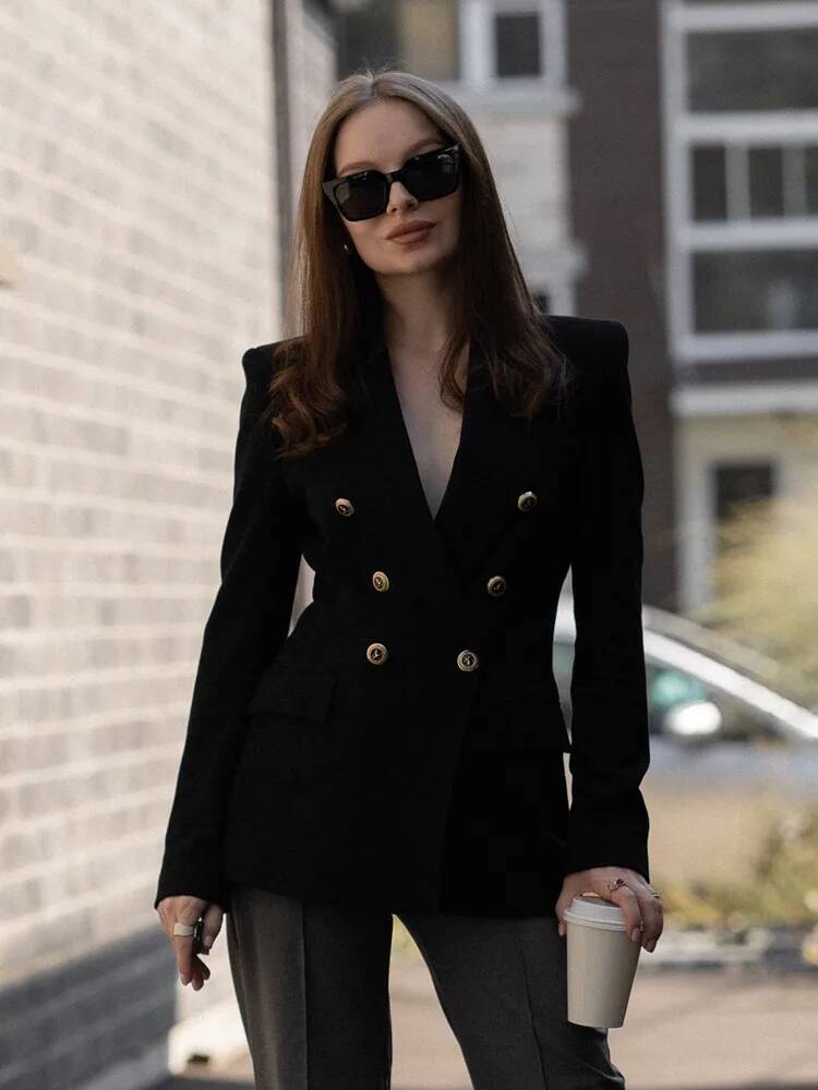 Bsk&Traf Women's Classic Commuter Double-Breasted Solid Color Professional Wear High-End Black Suit Jacket