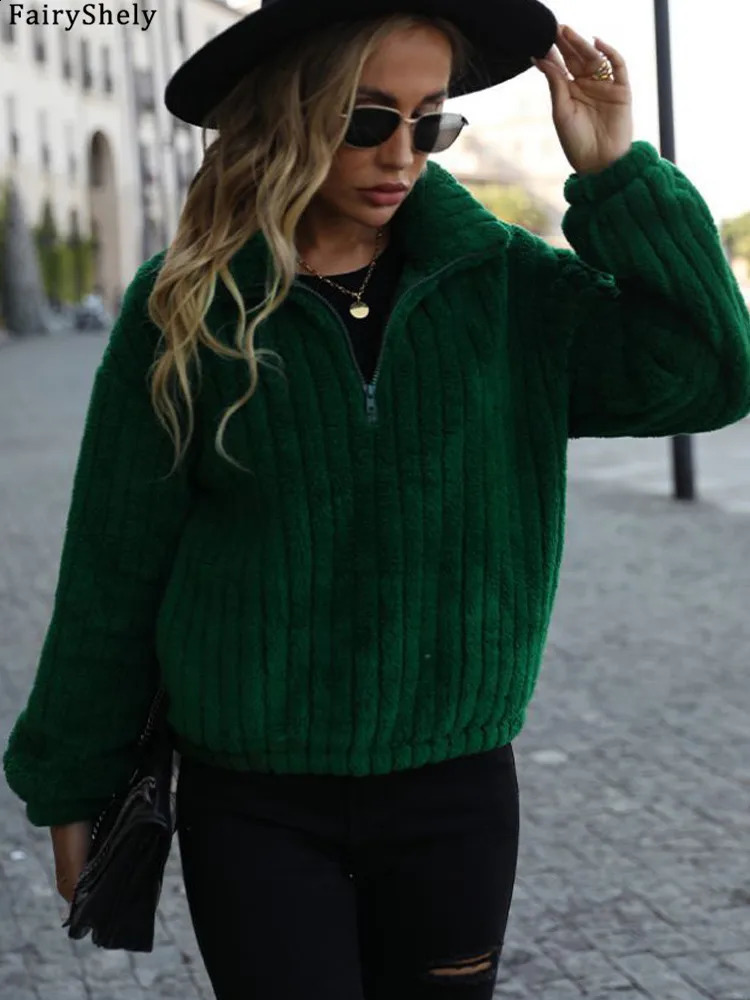 Fairyshely Autumn Winter Womens Green Hoodies Long Sleeve Zipper Pullover Sweatshirt Casual Lady Loose Plush Hoodie Tops 250814