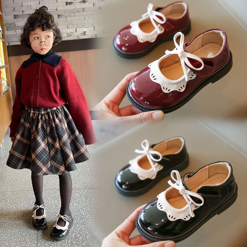Chaussures pour enfants filles princesse Chaussures vins Red Black Ruffles Elegant Patent Leather Bowknot Kidszworld Children Girl Toddlers Flat