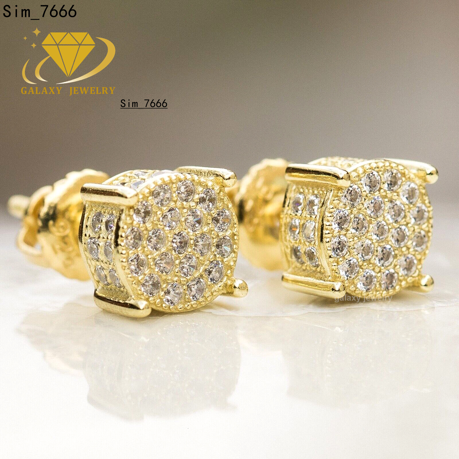 Men Yellow Gold Plated Round Hip Hop Small Screw Back Iced Out 925 Sterling Silver Moissanite Stud Earrings