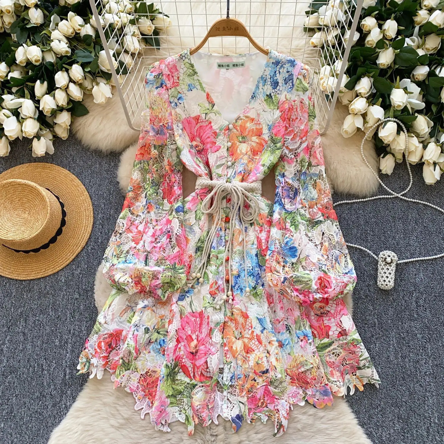 Elegant Hollow Out Short Evening Dresses Women Summer Autumn Holiday Long Lantern Sleeve Fancy Flower Party Dress Shirt 250808