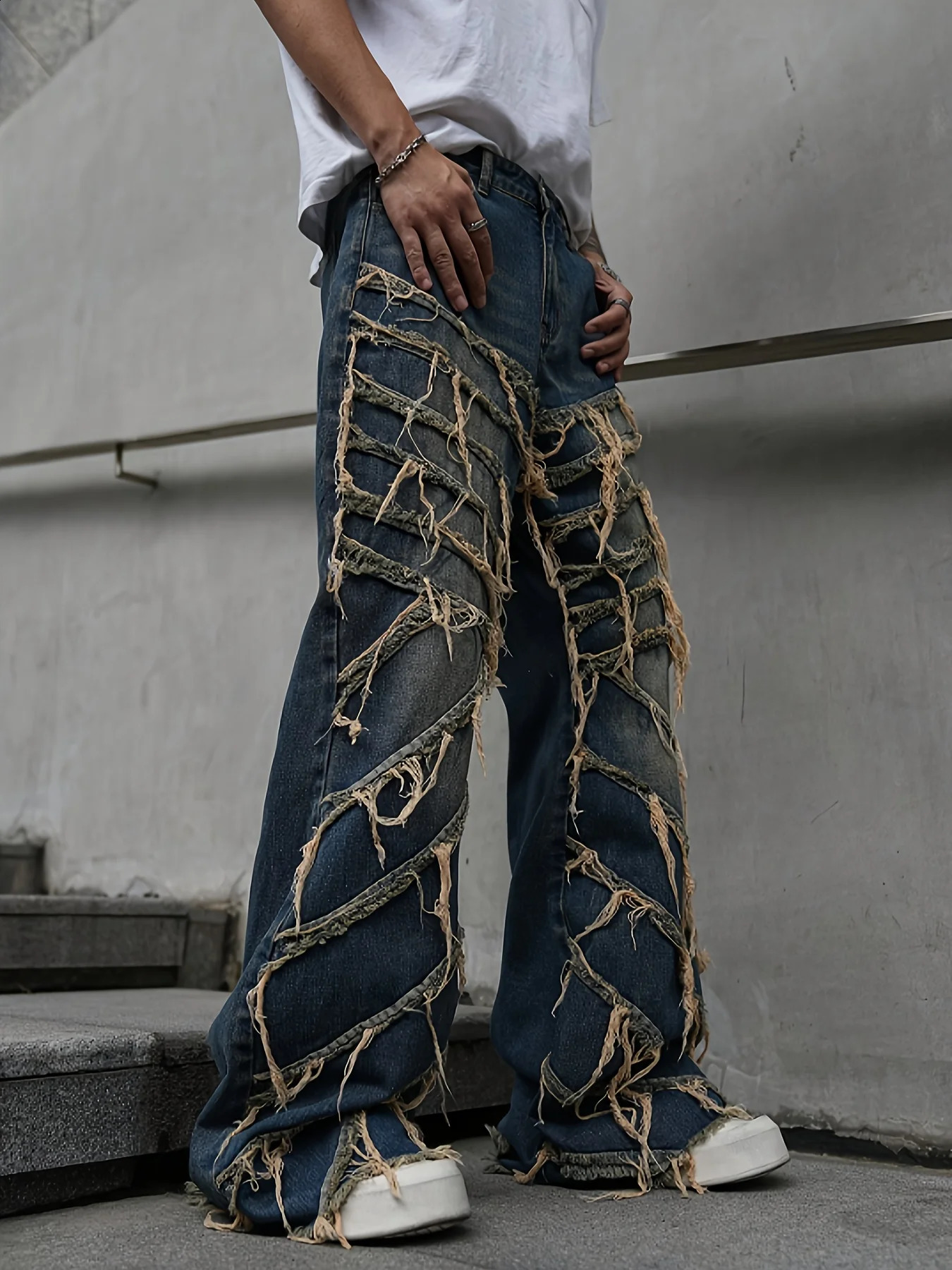Mens jeans casual style street fringe denim pants 250809