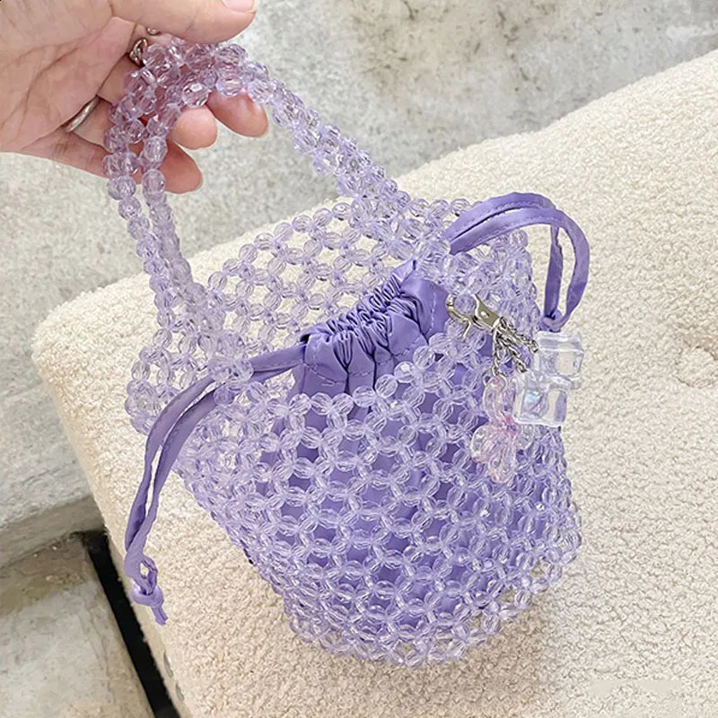 Women Beaded Bag Summer Hollow-out Woven Bead Handbag Small Bucket Bag With Pendant 250811