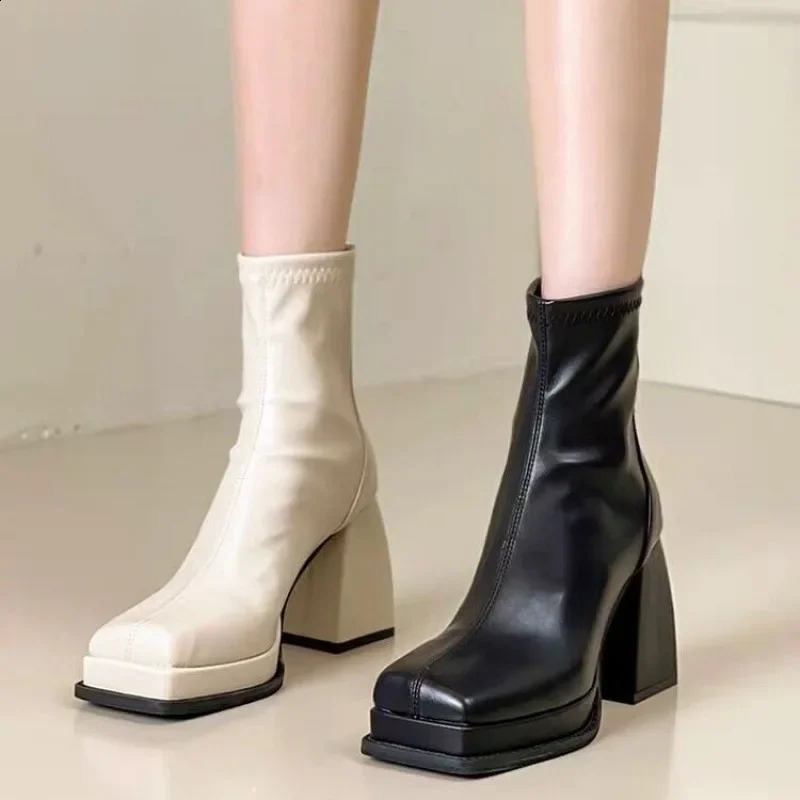 Vintage French Style Womens Short Boots With Thick Heels Spring Summer Single Boots Elastic Short Tube Slimming White High Heel 250815