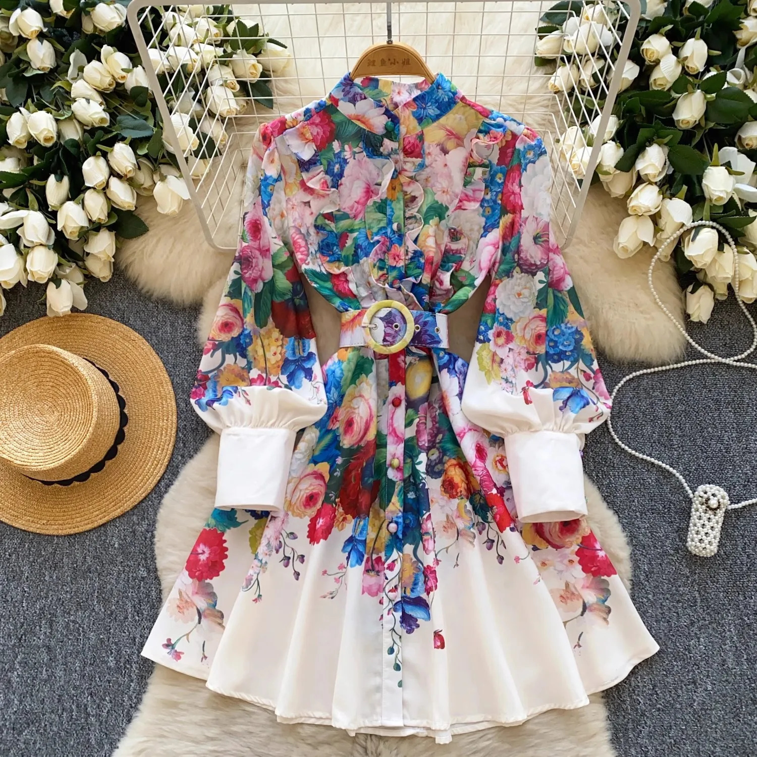 Elegant Womens Long Sleeved Dress Spring Summer Fashion Long Lantern Sleeve Floral Print Belt Ruffle Beach Style Short Dress 250808