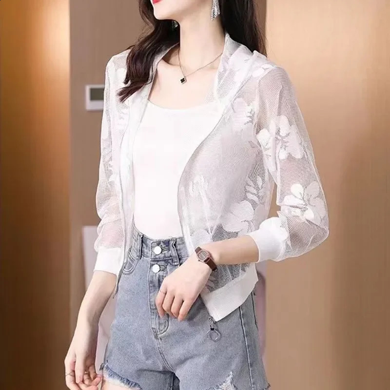Lightweight Lace UV Protection Jacket Womens Fashionable Short Hooded Long Sleeve Summer Style Mesh Coat Casual Top 250808