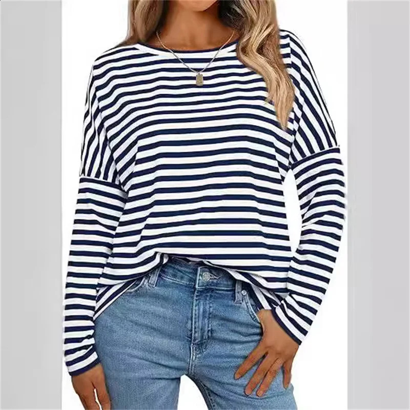 Spring Autumn Womens Tshirts Stripe Print Fashion Long Sleeves T shirt Casual Loose Streetwear Y2K Women Sweatshirt Tops 250801