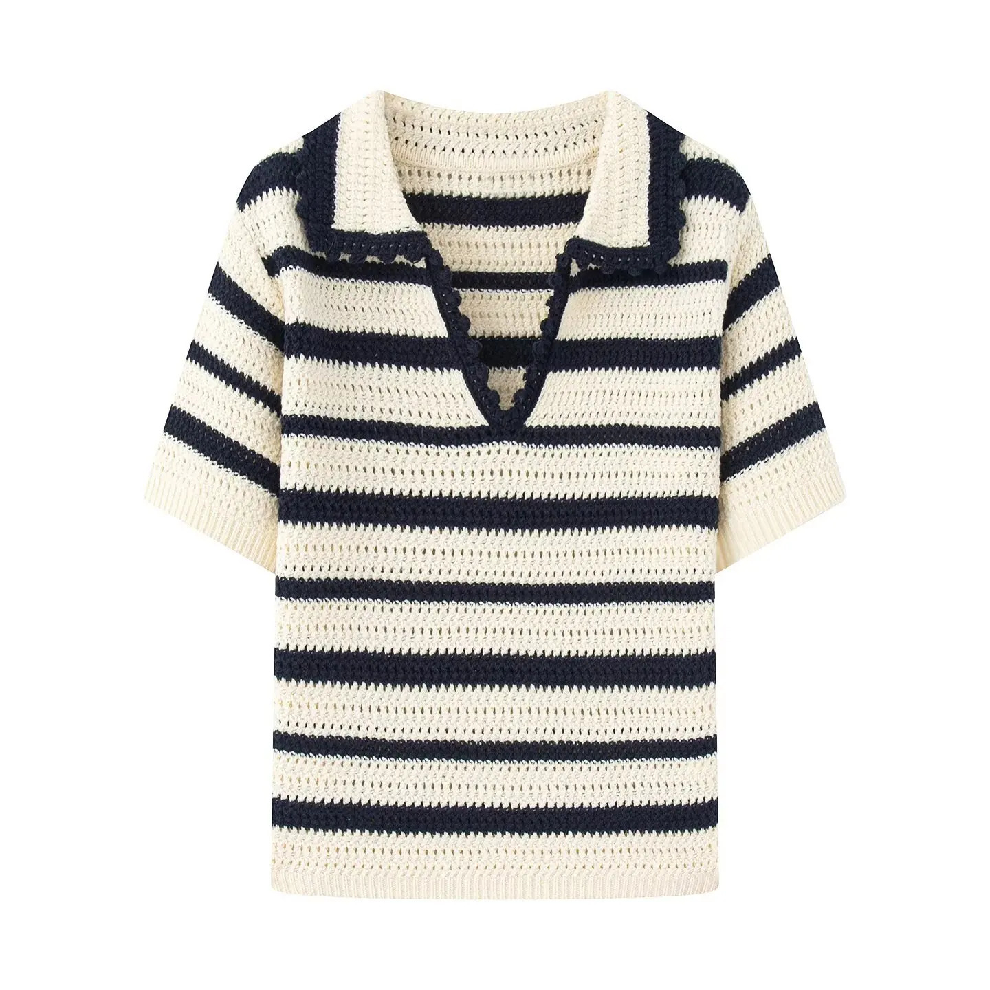 Women AZRAF Autumn Fashion Striped Knitted Polo Sweater Vintage Short Sleeve Casual Female Pullovers Chic Tops 250818