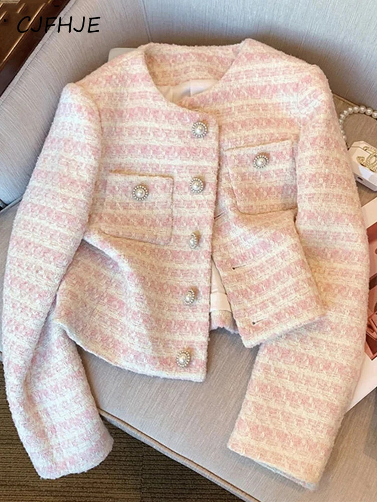 CJFHJE Pearls Button Vintage Tweed Jackets Spring Pink Outwear Single Breasted Crop Top Women Coats Streetwear Chaqueta 250815