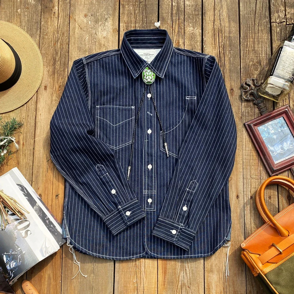 Tailor o T7American Vintage Heavyweight 125oz Cotton Vertical Striped Denim Shirt Indigo Hundred Work Mens Western 250801