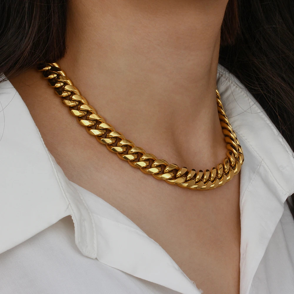 E.B.Belle en acier inoxydable tendance 18k plaque d'or Tarnish Colliers de chaîne cubaine gratuites pour femmes Hiphop 250815