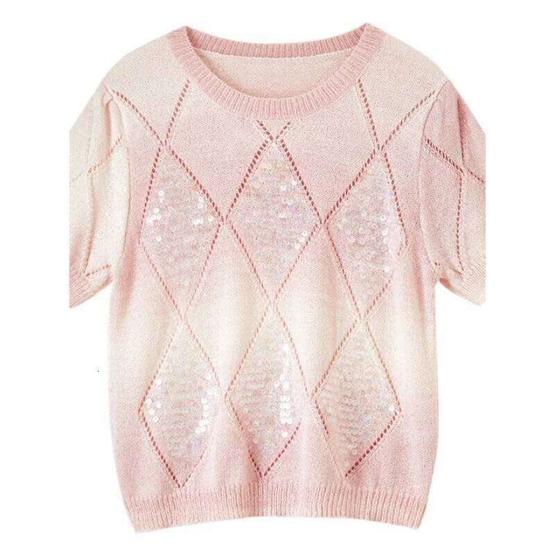 Designer Clothing 2025 SENTUBILA Sweet Pink Knitted Pullovers For Woman 2025 Summer Sequins Embroidery Hollow O Neck Chic Fashion Tops Lady