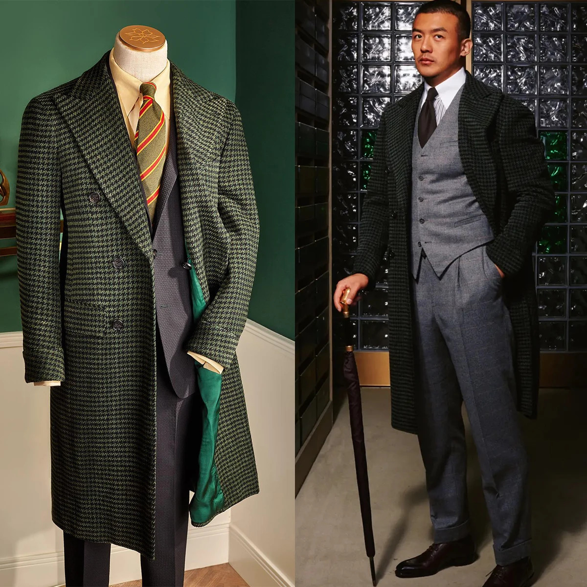 Houndstooth Men Long Coat Overcoat Double Breasted Green Warm Woolen Pockets Business Causal Daily Tailored 250818