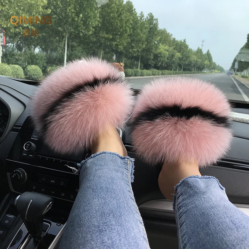 Summer Women Fox Fur Slides Real Fur Slippers Plush Flip Flops House Shoes Fuzzy Fluffy Flat Slippers Fashion Sandals 250814