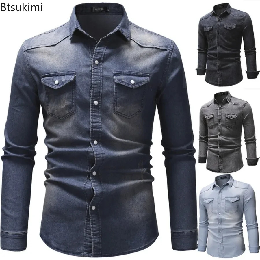 Mens Vintage Denim Shirt Simple Longsleeved Lapel Slim Casual Coats Street Cardigan Tops Western Cowboy Shirts Male 250801