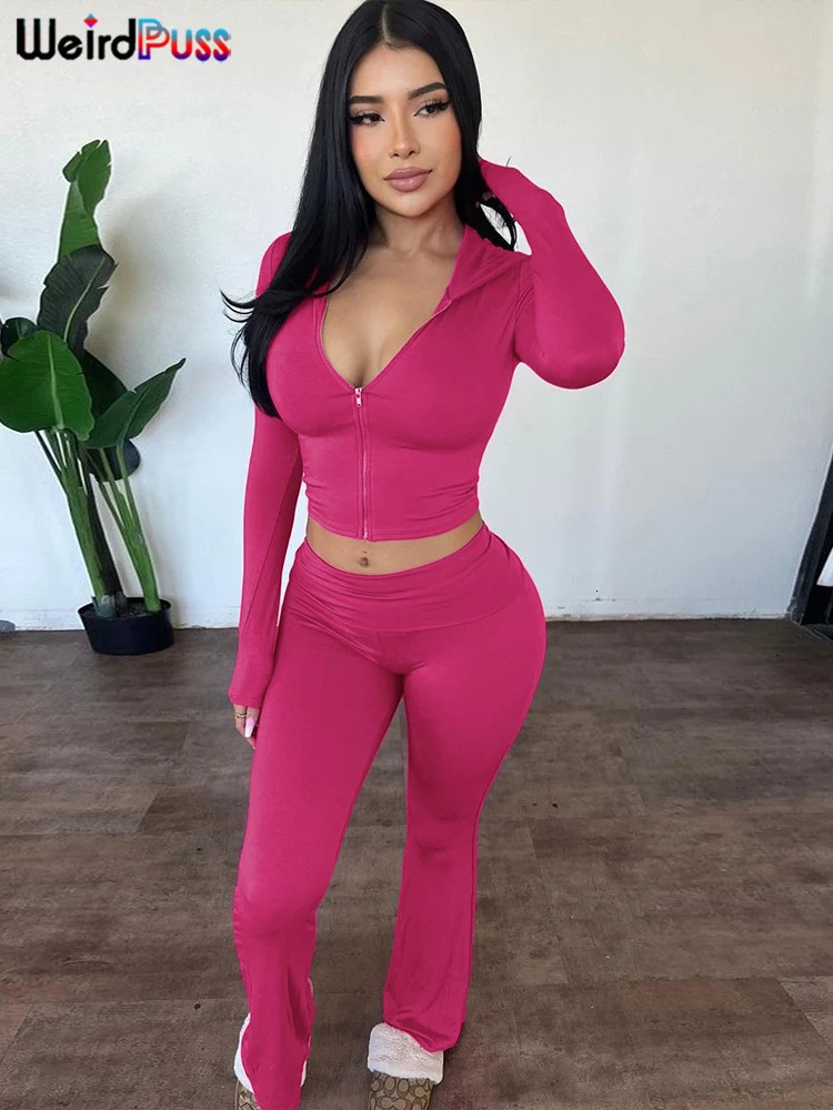 Weird Puss Sporty Casual 2 Piece Set Tracksuit Women Hooded Zip JacketFlare Pants Matching Elastic Activity Streetwear Outfits 250818