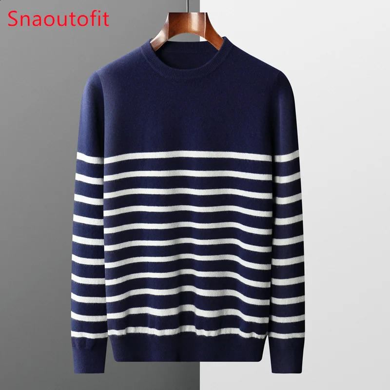 Mens 100% Pure Wool Sweater Oneck Navy Style Striped Top Spring and Autumn Loose Youth Business Casual Cashmere 250801
