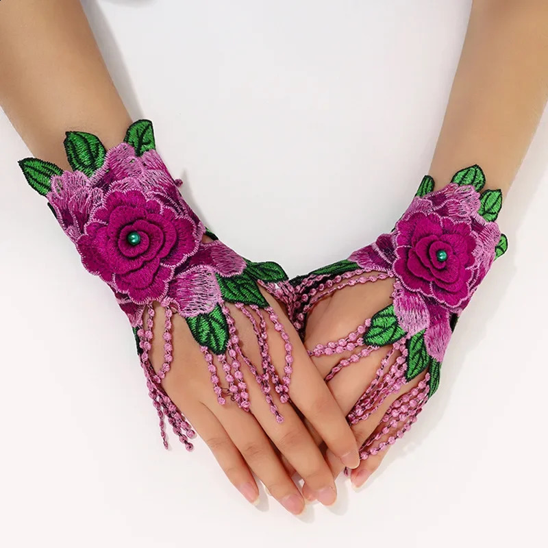 Ethnic Style Hollow Floral Fingerless Gloves Flower Embroidered with Tassel Decoractive Wristband Dance Accessories 250811