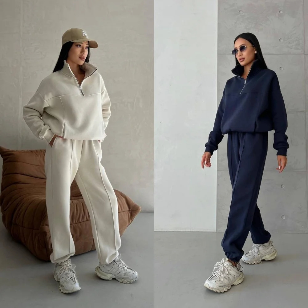 Autumn Womens Tracksuit with Zipper Cotton Oversize White Casual Two Piece Set Women Classic Sports Trouser Suits for 250818