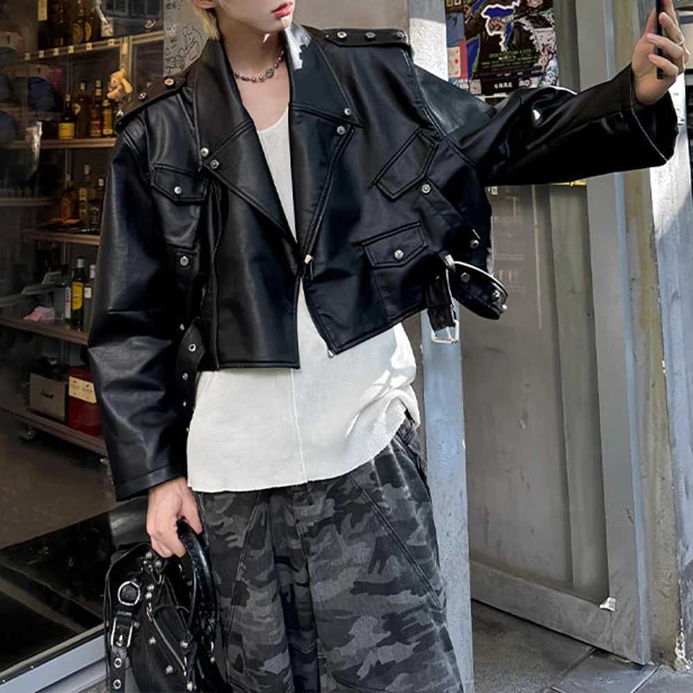 Mens Pu Leather Jacket Workwear Rivet Motorcycle Biker Pu Jacket Streetwear Fashion All-Match Long-Sleeve Tops MenS Clothing XJ250818