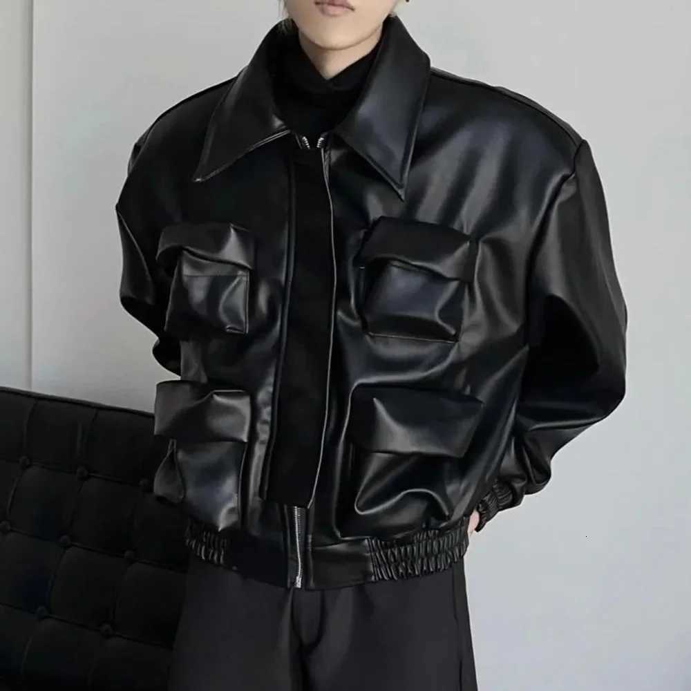 2025 Y2K Mens PU Leather Jacket Pocket Motorcycle Coat Spring Casual Gothic High Street Dark Silhouette Top Unisex Mens Wear XJ250818