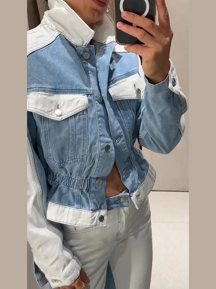 Denim Jacket Womens Two Piece Suit Turndown Collar Full Sleeve Top Loose Straightleg Pants Autumn Chic Female Outfits 250818