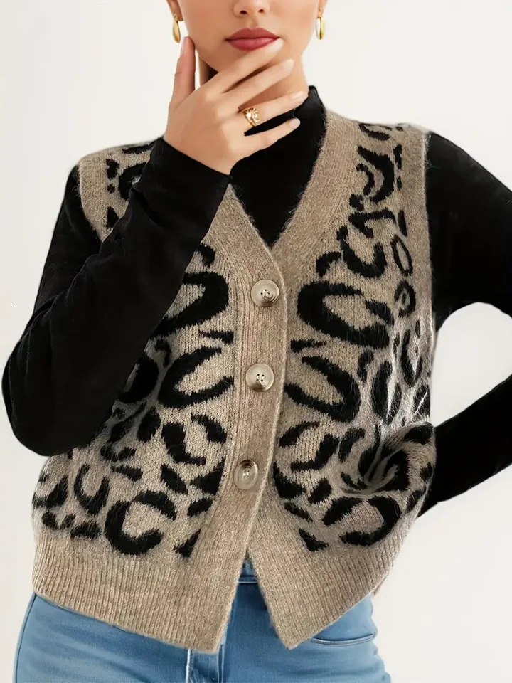 Spring and summer womens singlebreasted Vneck leopard print sleeveless casual daily commuting vest knitted top 250818