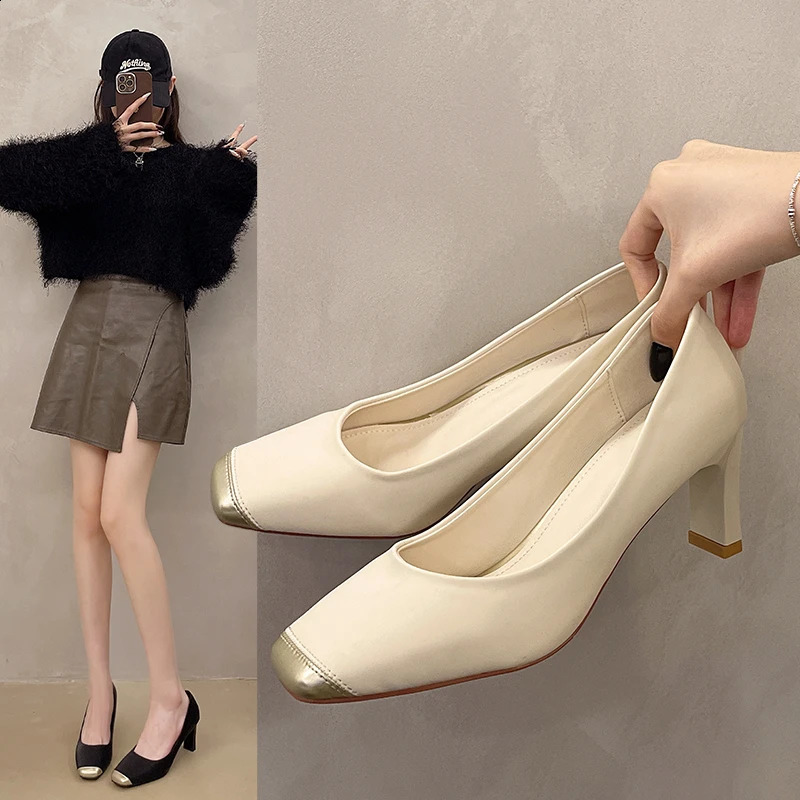 Fashion Soft Leather Fabric Heels Pumps Shoes Pointed Toe Shoes Woman Square Slip-On Heel Slip Lady Office Casual Work Shoes 250814