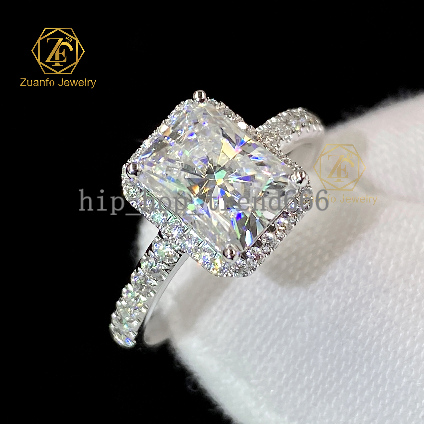 Custom Fine Jewelry 2ct Radiant Ice Crush Moissanite Halo Ring with Side Stone 14k White Gold Engagement Ring for Women