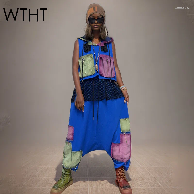 Pantalon de deux pièces pour femmes WTHT Fashion 2025 POCHETS SUMBRE Patchwork Vest Hooded Vintage Coumor Couleur High-Waist Straight Femme 1LS17