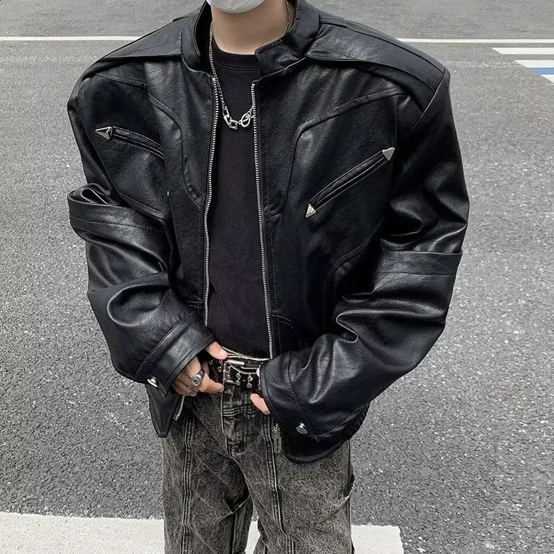 Veste en cuir à col de stand de style américain pour les hommes pour hommes