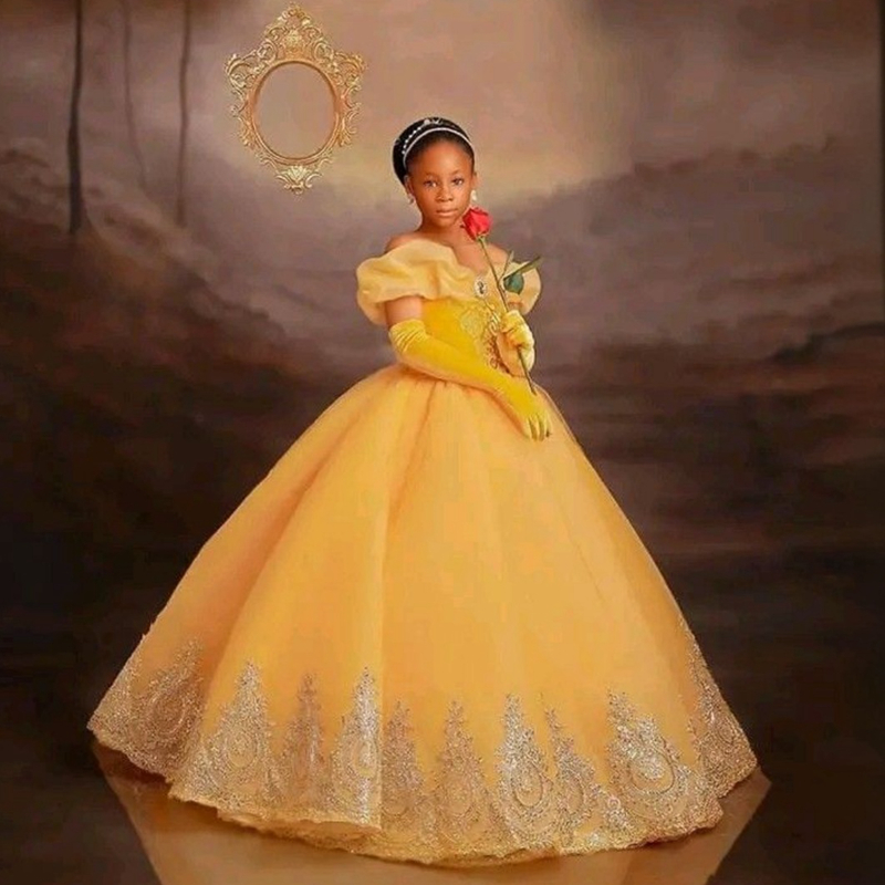 Aso ebi jaune fleur fille robes d'enfants robe d'anniversaire pour épaule perles perles flore tulle flora princesse reine robe de bal pour mariag