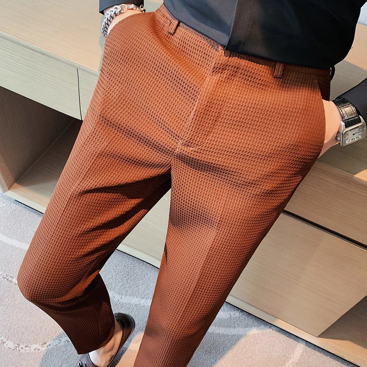 Korean Spring Pantalones High Waist Waffle Business Casual Suit Pants for Men Clothing Slim Fit Formal Wear Trousers Y2k 250818
