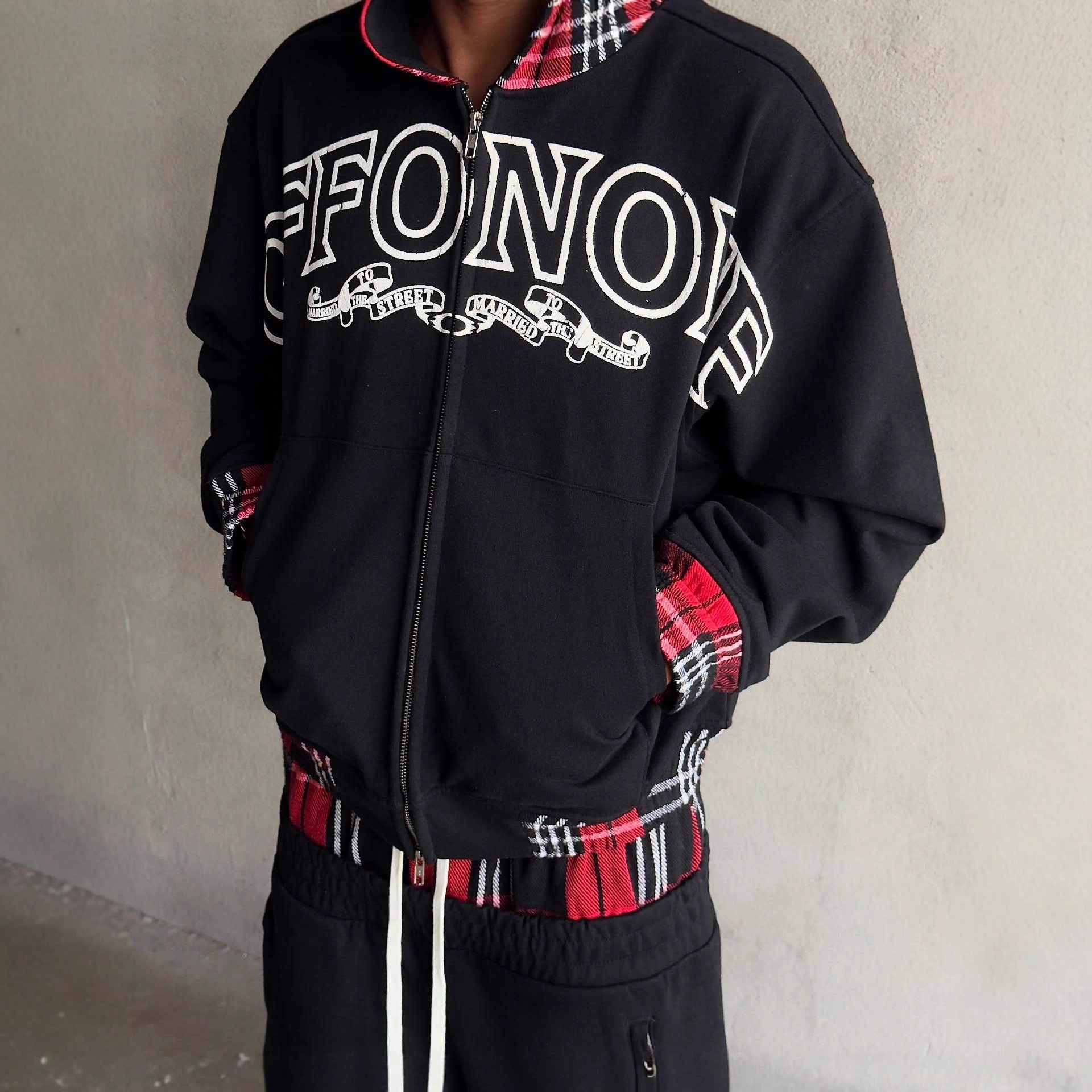New Plaid Patchwork Couple Style Street Fashion Double Waist hoodie Sweatpants Hoodie Set