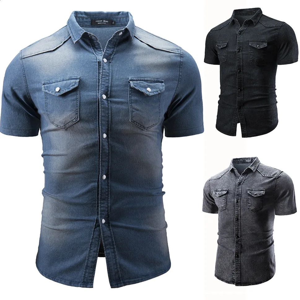 Mens Fashion Short Sleeve Denim Shirt Soft Solid Color Slim Fit Cowboy Top for Men 250801