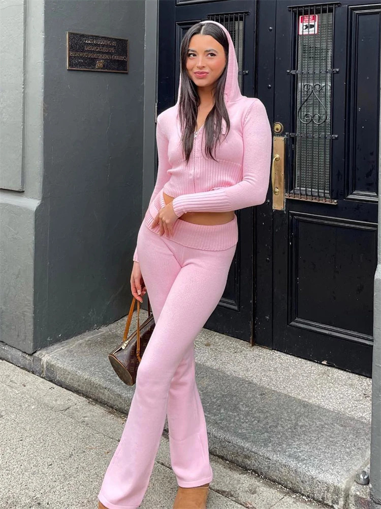 Tossy Knit Hoodie And Pants Sets Women Outfits Low Waist Knitted Cropped Top Sweat Leggings Two Piece Set Tracksuit 250818