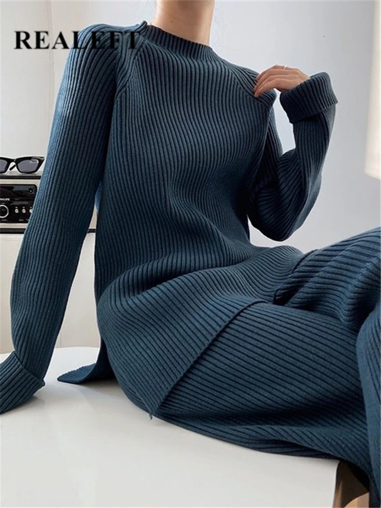 Realefft automne hiver 2 pièces pour femmes ensembles en tricot de survêtement en demi-collé et un pantalon de jogging à jambe large costume 2508
